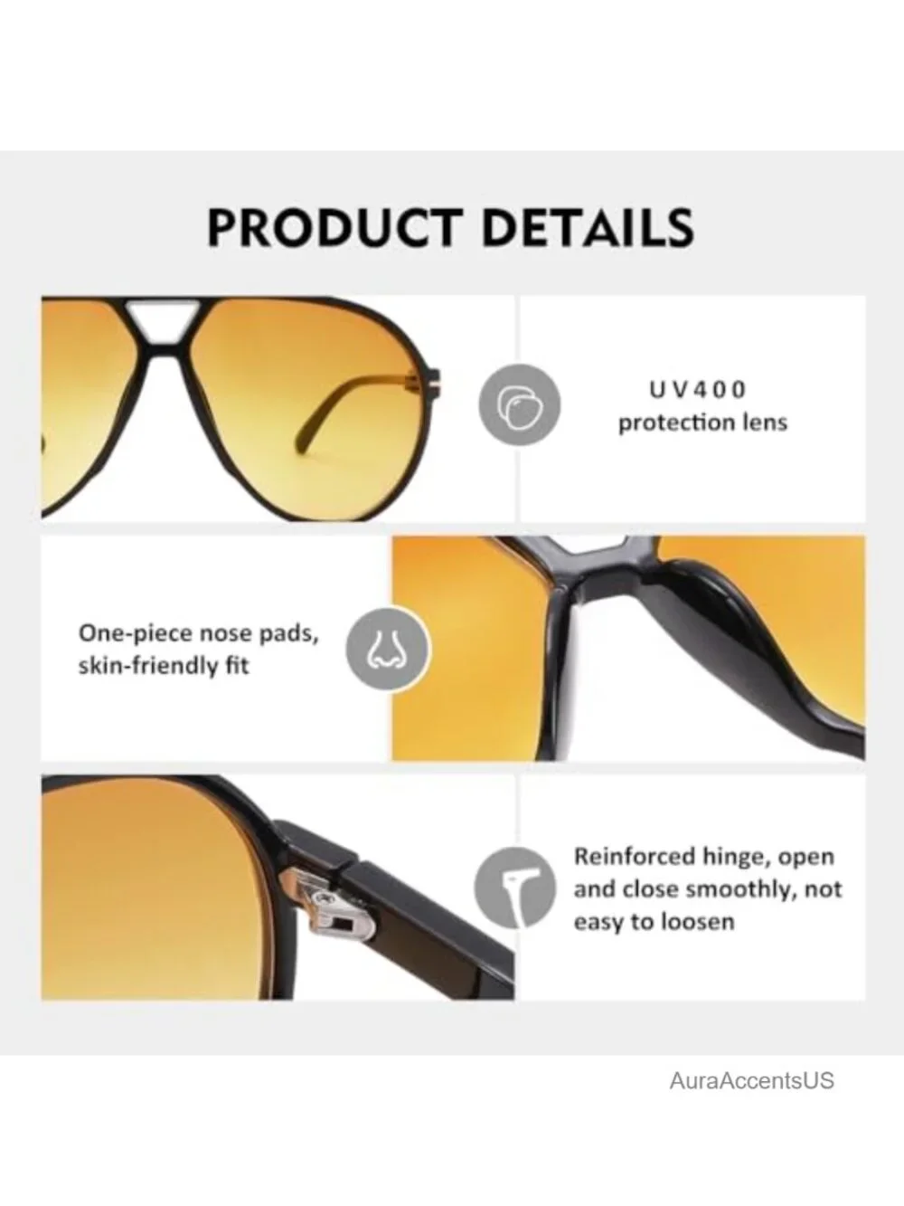 Oversized Aviator Sunglasses Retro 70s UV400 Tangle Free Shades